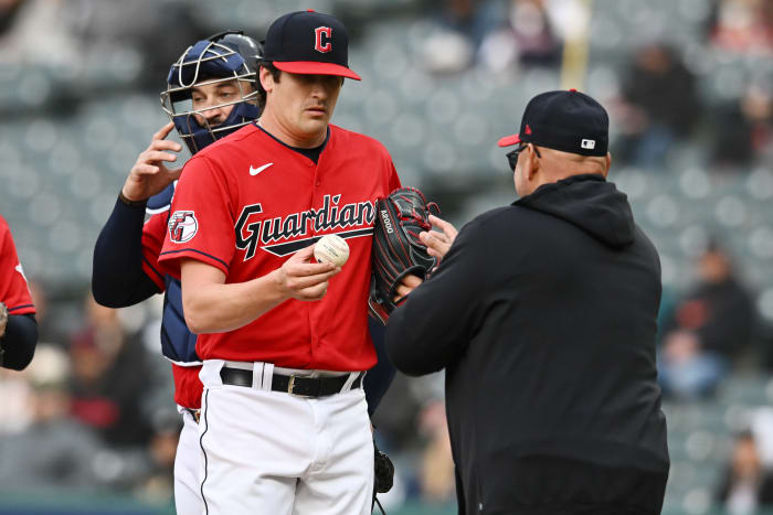 Apr 24, 2023; Cleveland, Ohio, USA; Cleveland Guardians manager Terry Francona relieves starting pitcher Cal Quantrill (47) during the fourth inning against the Colorado Rockies at Progressive Field. Mandatory Credit: Ken Blaze-USA TODAY Sports